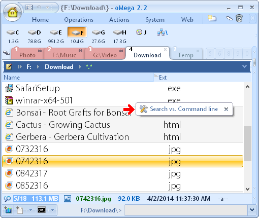 oMega Commander Features. Automatic smart-button for configuring preferences: quick searhc and command line.